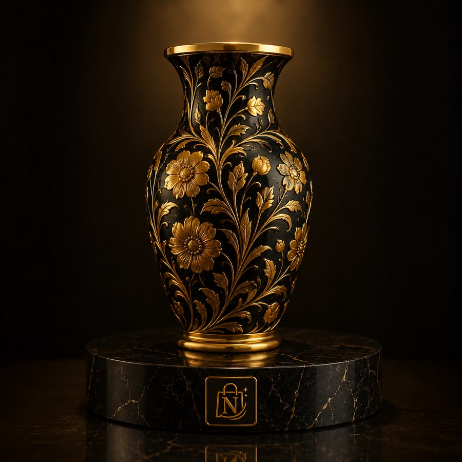 Handcrafted Black and Gold Floral Vase