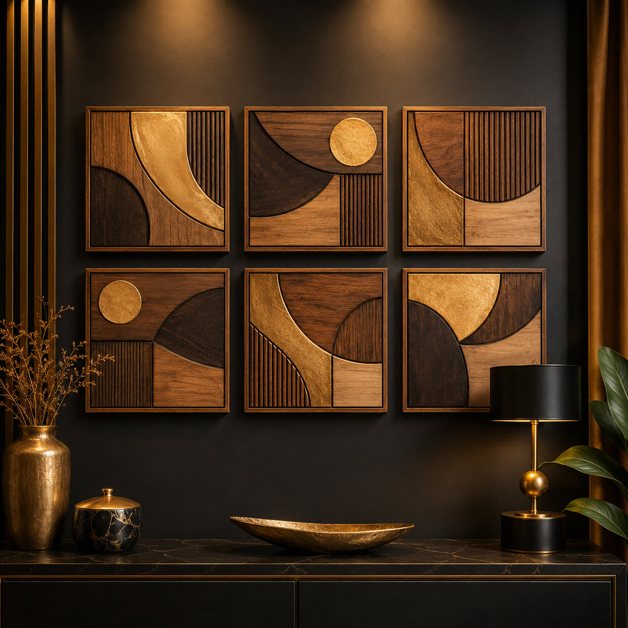 Set of 6 Abstract Wooden Wall Frame Tiles