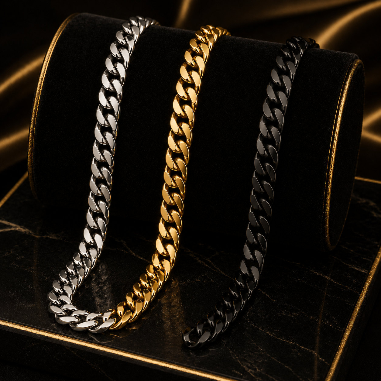 Pack of 3 Cuban Chains in Silver, Gold and Black