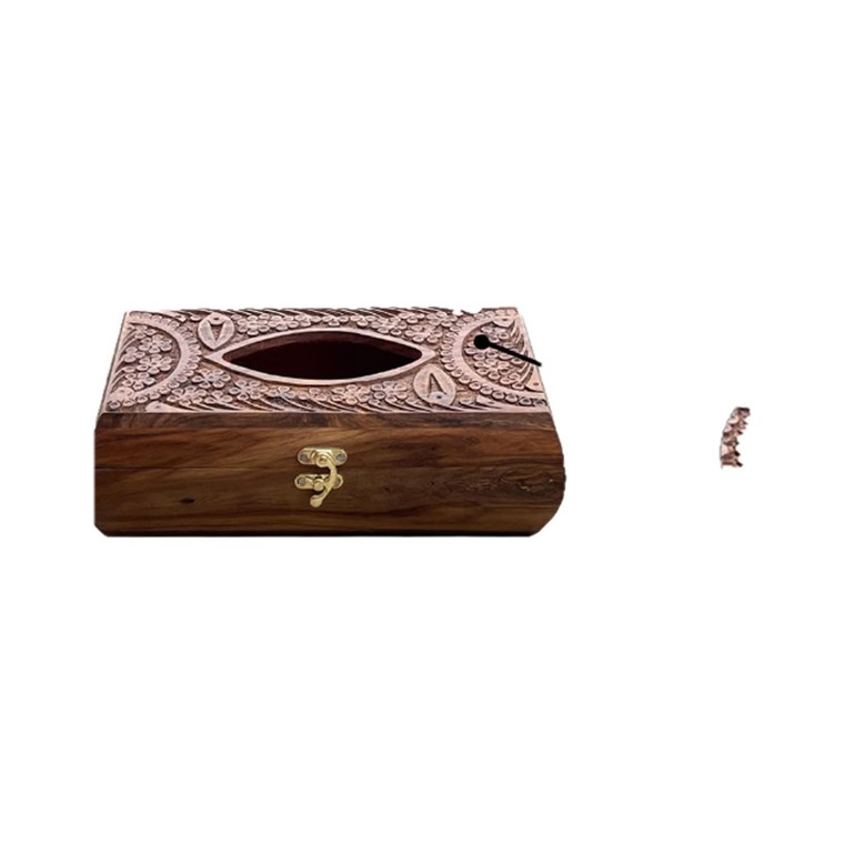 Compact Carved Wooden Tissue Box with Latch
