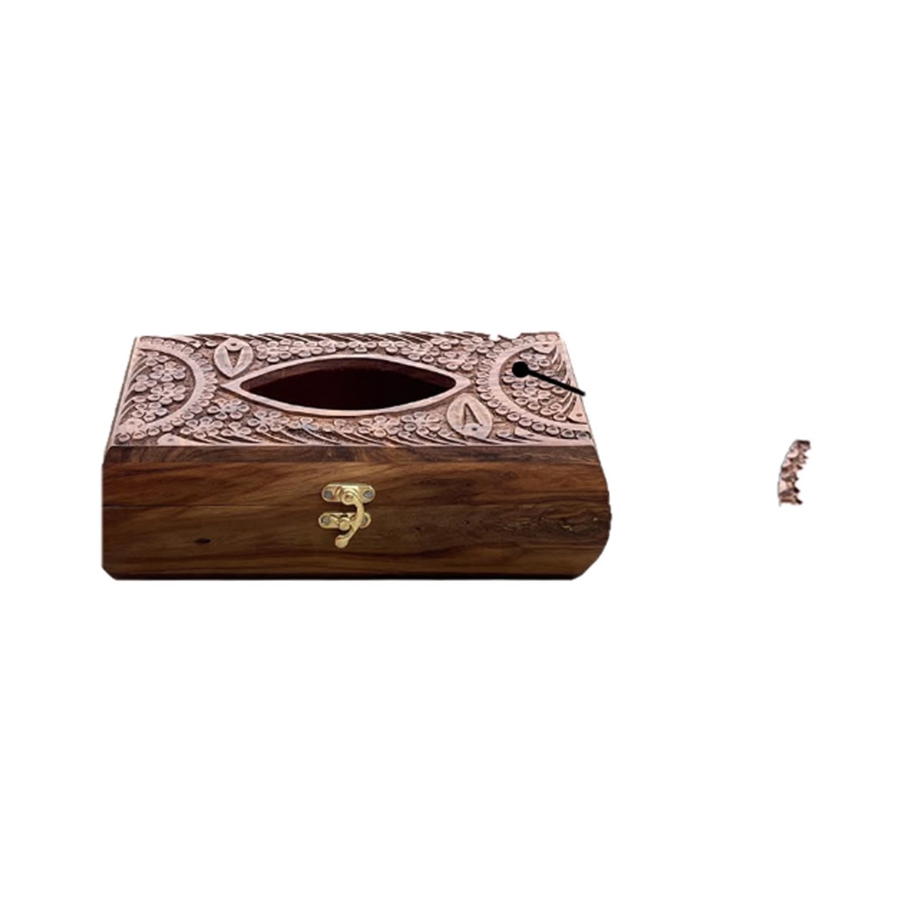 Compact Carved Wooden Tissue Box with Latch