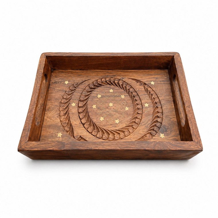 Square Carved Wooden Serving Tray